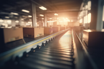 Retail warehouse full of shelves with goods in cardboard boxes, AI