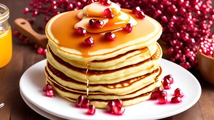 A stack of fluffy pancakes decorated with fresh pomegranate with honey
