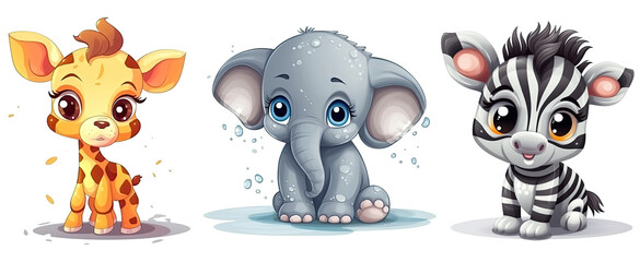 Cute Baby Animals, Elephant, Deer, Zebra. Generative AI