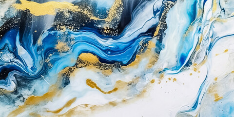 Acrylic paint, white and blue marbling texture with golden ripples. Abstract oil painted waves handmade surface. Liquid paint with addition of gold powder. Generative AI
