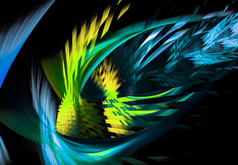 Blue and yellow straight and arcuate lines are superimposed on each other and create a spikelet-like pattern. Abstract fractal background. 3D rendering. 3D illustration.