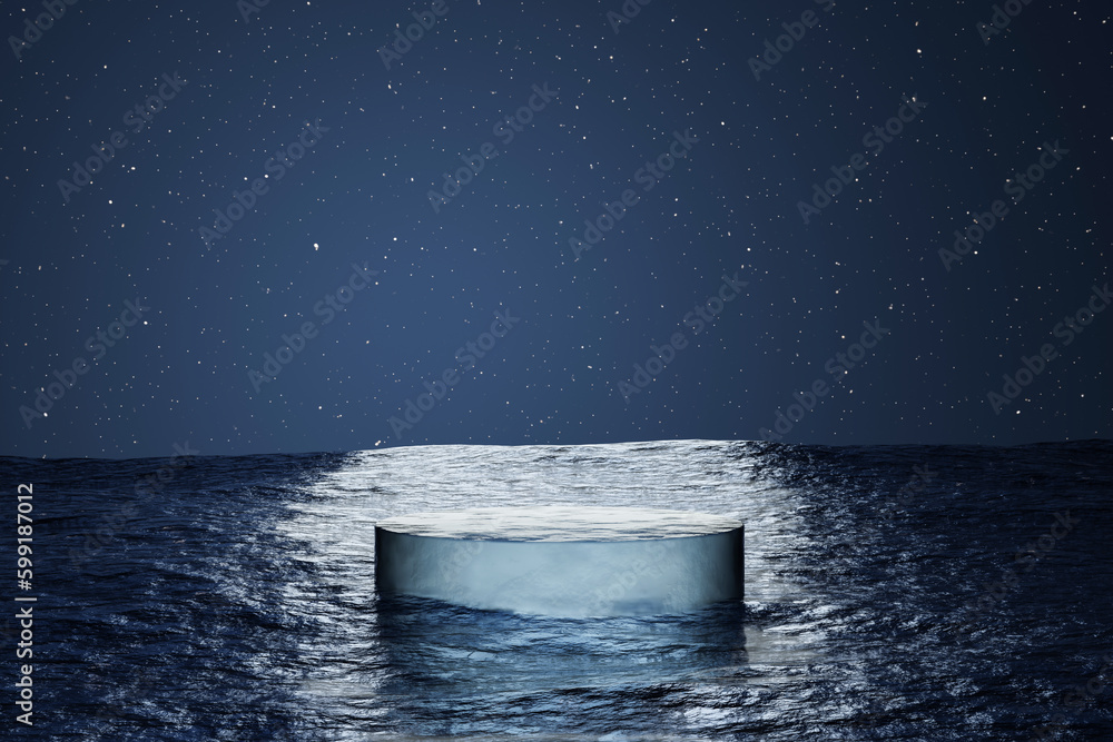 Poster abstract 3d render platform background, ice podium on the ocean with light from the moon reflect on 
