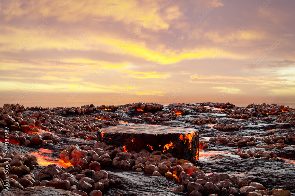 Poster abstact 3d render platform backgrond, stone podium on the lava and magma with rocks smelt in volcano