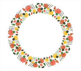 Round frame with flowers, cacti and geometric elements. Minimalistic vector design.