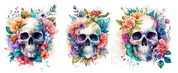 Floral Skull Watercolor Clipart. Generative AI