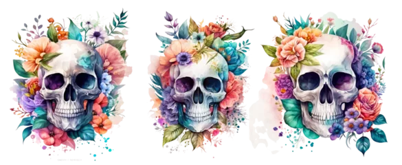 Foto op Plexiglas Aquarel doodshoofd Floral Skull Watercolor Clipart. Generative AI