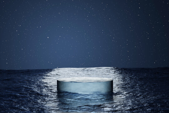 Abstract 3d render platform background, Ice podium on the ocean with light from the moon reflect on the podium, backdrop night sky and star for product display, advertising, cosmetic, skincare or etc