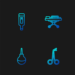 Set line Medical scissors, Enema, Digital thermometer and Stretcher. Gradient color icons. Vector