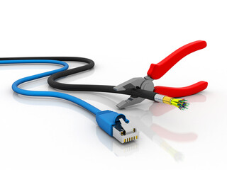 3d rendering Network connection, internet communication and computer technology concept, closeup view of curved ethernet cable plug connector with optical cable