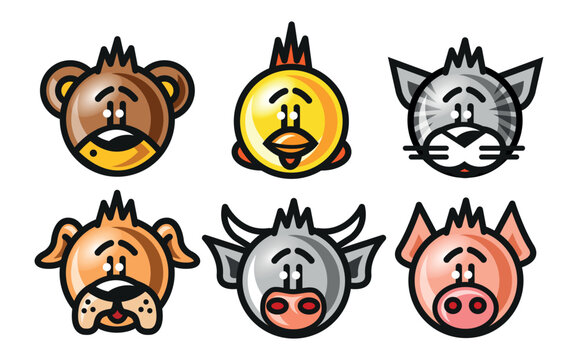 Collection of cute animal heads icons vector illustration in cartoon style. Funny cartoon bear, chicken, cat, dog, cow and pig faces graphic.