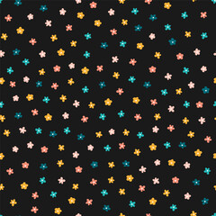 Black seamless pattern with colorful tiny flowers