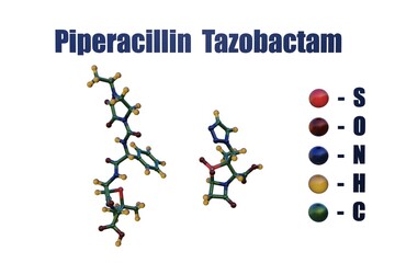 Piperacillin and tazobactam, a combination medication containing rhe antibiotic piperacillin and the beta-lactamase inhibitor tazobactam. Molecular models isolated on white background. 3d illustration