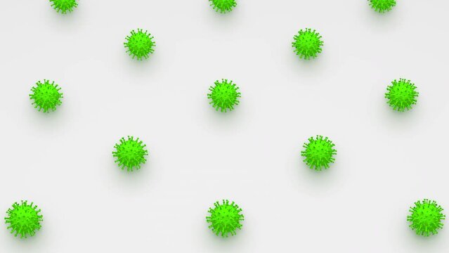 Futuristic 3d render of grid of coronavirus objects in isometric view. Computer generated loop animation. Medicine pattern, 4K seamless animated virus background