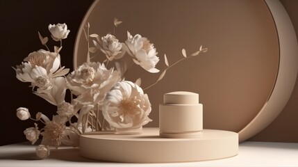3D render of minimal product display podium with peony flower, generative Ai
