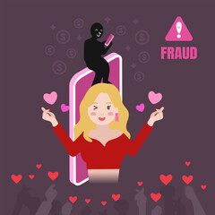 Catfishing, phishing, Online crime concept illustration, online social media fraud.  Cyber crime, hacker attack