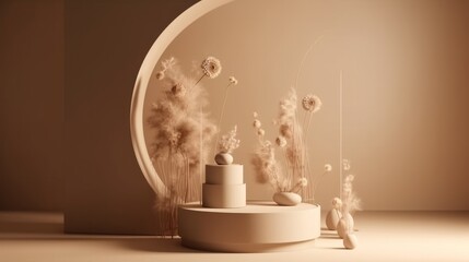 3D render of minimal display podium for product presentation. Minimalist pedestal with dried flowers, generative Ai