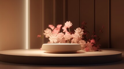 3D render of minimal product display podium with pink flowers on brown background, generative Ai