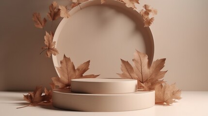 3D render of abstract minimal podium display with autumn leaves for product presentation, generative Ai