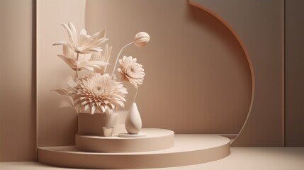 Fototapeta na wymiar 3D render of minimal display podium with a flower in a vase. A platform for product presentation, generative Ai