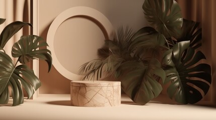 3d render of minimal display podium for product presentation with monstera leaves, generative Ai