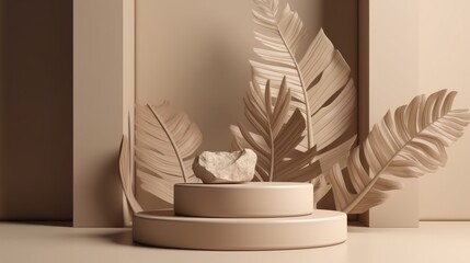 3D render of beige podium for product presentation with tropical leaves, generative Ai