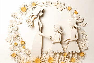Paper cut of a mother and daughter with flowers on a white background generative ai
