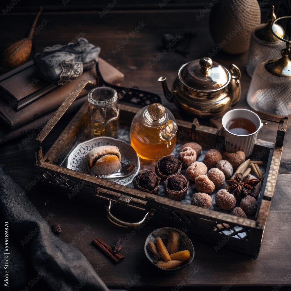 Poster a tray of cookies and tea on a table. ai generative image. generative ai