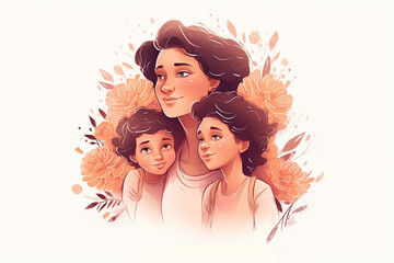 Mother's day greeting card with family and flowers. Vector illustration. generative ai