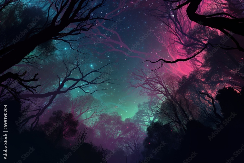 Poster a picture depicting a wooded area with a great number of trees generative ai