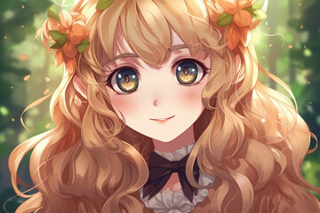Une jeune fille blonde avec des fleurs dans les cheveux style animé manga » IA générative