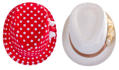 Set of two sun hats red and white color isolated on transparent background, top view