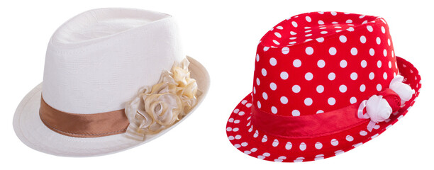 Set of two sun hats red and white color isolated on transparent background, side view