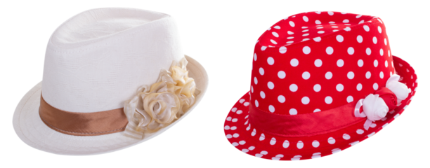 Set of two sun hats red and white color isolated on transparent background, side view