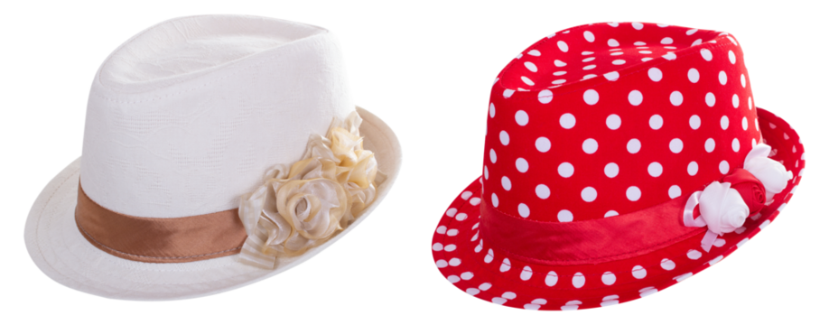 Set of two sun hats red and white color isolated on transparent background, side view