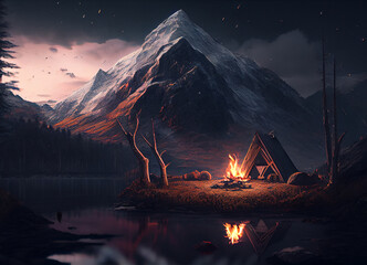 A Warm Campfire Light Illuminating the Night, The Fire is Nestled in the Heart of the Enigmatic Mountain Wilderness Showing Nature Ice and Snow Environment Landscape
