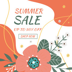 Fototapeta premium Summer sale banner. Summers flowers and abstract shape.