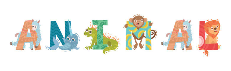 Animal Word with Alphabet Capital Letters and Funny Mammal Vector Inscription