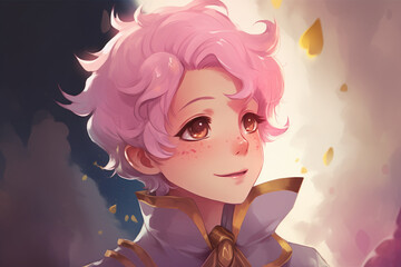 Un jeune prince aux cheveux roses dans un univers romantique style animé manga » IA générative - obrazy, fototapety, plakaty