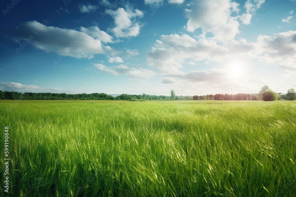 Poster a wooded area in the distance with green fields in the front. generative ai