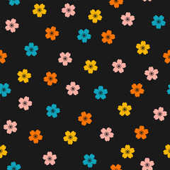 Fototapeta na wymiar Seamless pattern with colorful sakura flowers and black background