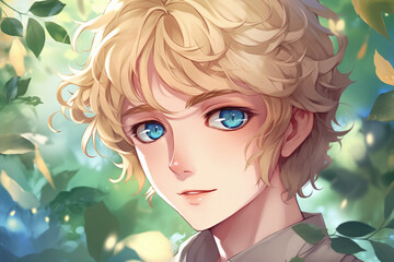 Un jeune prince blond dans une forêt style animé manga » IA générative