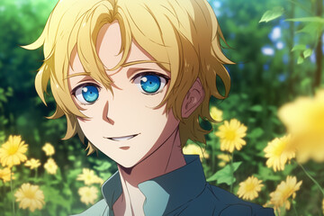 Un jeune garçon blond dans un champ de fleurs jaunes style animé manga » IA générative