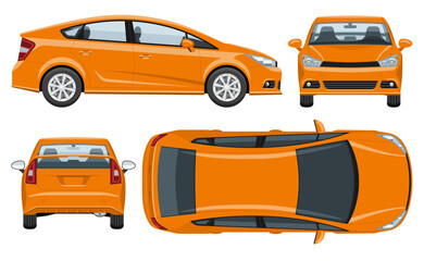 Orange car vector template with simple colors without gradients and effects. View from side, front, back, and top - obrazy, fototapety, plakaty