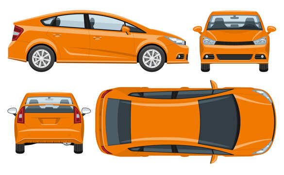 Orange car vector template with simple colors without gradients and effects. View from side, front, back, and top