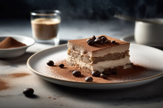 Tiramisu, A classic Italian dessert, ladyfingers dipped in coffee and layered with mascarpone cheese and cocoa on a modern Italian plate, food art, food photography, gourmet, generative AI