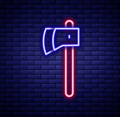 Glowing neon line Wooden axe icon isolated on brick wall background. Lumberjack axe. Colorful outline concept. Vector