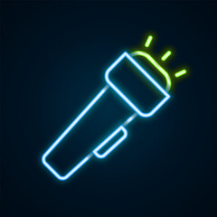 Naklejka premium Glowing neon line Flashlight icon isolated on black background. Colorful outline concept. Vector