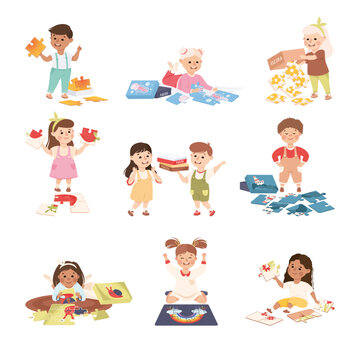 Kids Playing Jigsaw Puzzle Sitting on the Floor Assembling Mosaiced Pieces into Picture Vector Set
