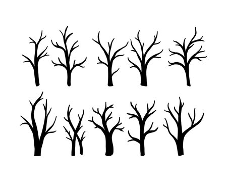 Bare tree silhouettes set. Leafless tree vector. 