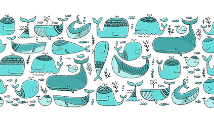Funny wild whales family. Childish style, turquoise colors. Seamless pattern background for your design